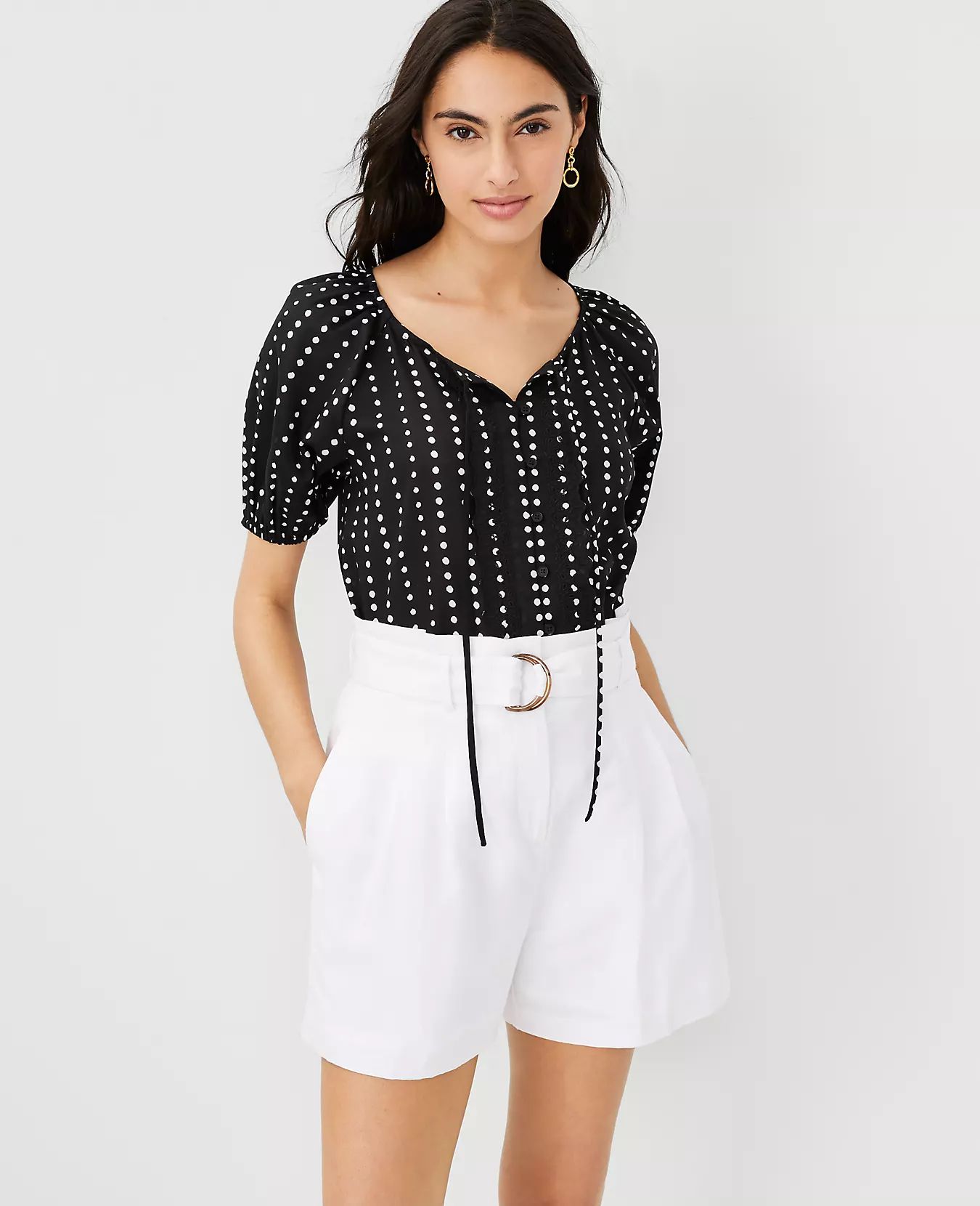 Line Dot Tie Neck Raglan Sleeve Blouse | Ann Taylor (US)