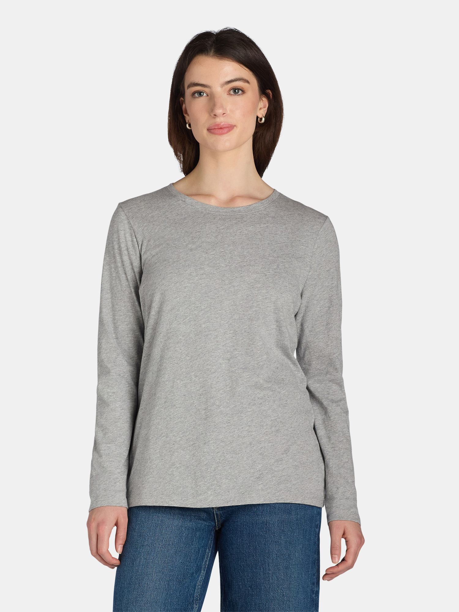 Time and Tru Women's Cotton Crewneck Tee with Long Sleeves, Size XS-XXXL | Walmart (US)