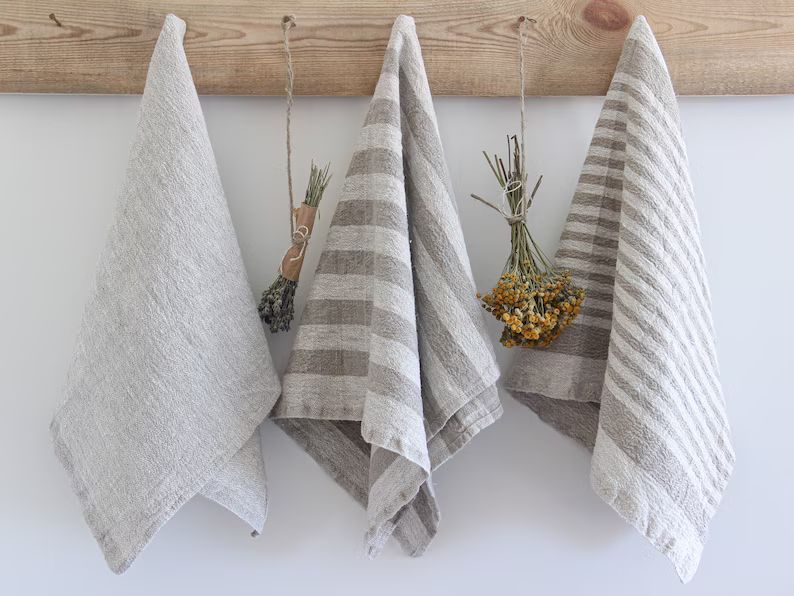 Rustic linen towels - set of 2, Organic linen towels, Striped linen towels, Vintage tea towels, N... | Etsy (US)