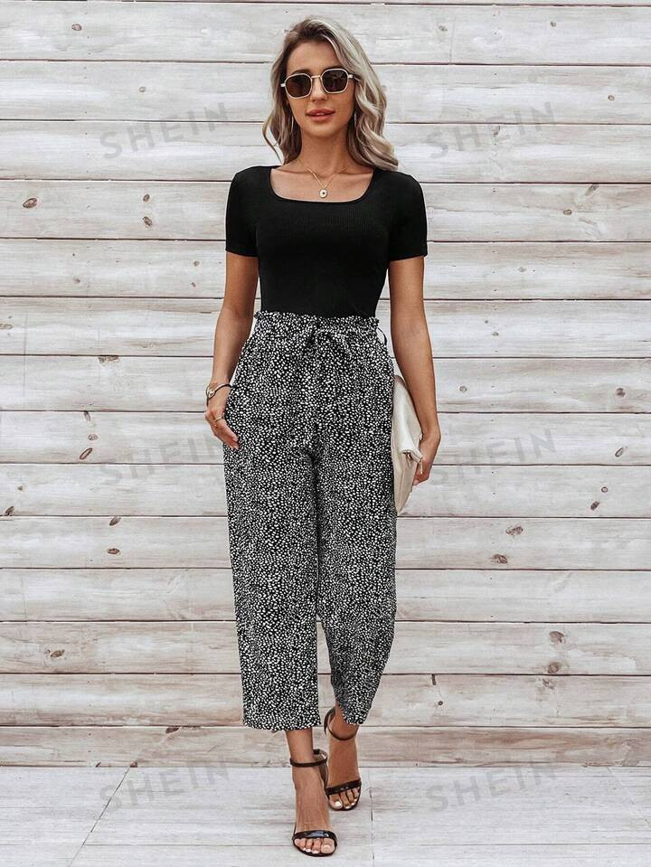 SHEIN LUNE Solid Color Square Neck Slim Fit T-Shirt And Polka Dot Printed Straight Pants | SHEIN