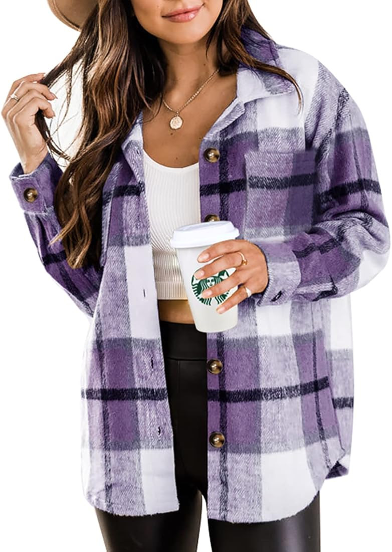 Beaully Womens Casual Plaid Shackets Brushed Flannel Button Down Pocketed Shirt Jacket Coats | Amazon (US)