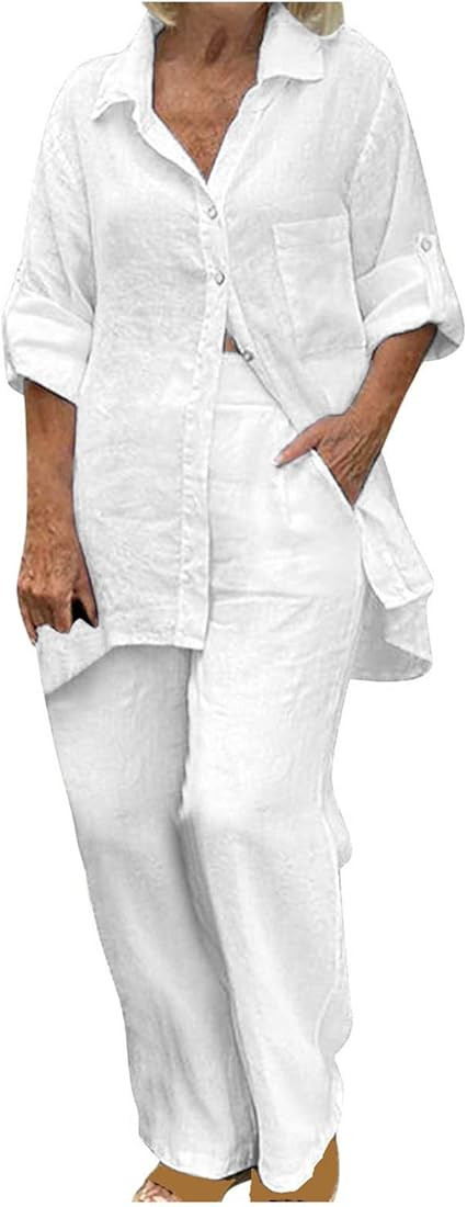 Women's Cotton Linen Two Piece Work Suits Summer Ladies Oversized Tops and Pants Sets Dressy Casu... | Amazon (US)