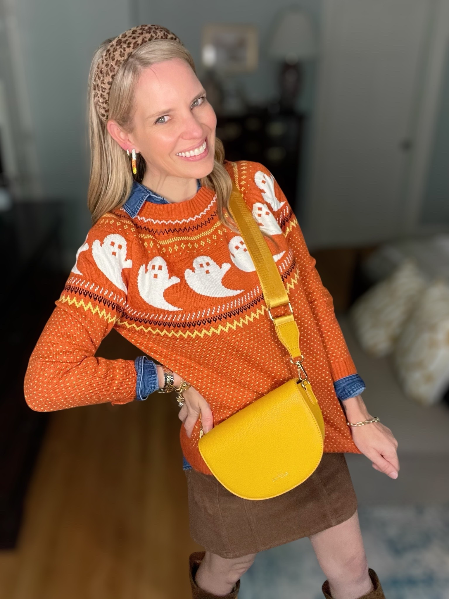 Boo-tiful & cozy 🎃 This ghost-print turtleneck sweater is the ultimate festive piece for fall! I layered it over a denim button-front shirt for a cute preppy touch, paired with a corduroy mini skirt + knee-high boots for a chic fall outfit. The pop of color from my yellow crossbody bag makes the whole look fun and playful! 🧡

For accessories, I added a leopard headband for texture and my favorite candy corn earrings 🍬—the perfect seasonal detail. Whether you’re heading to a pumpkin patch, school party, or just want a festive everyday look, this outfit is comfy, affordable, and so on theme.

🛍️ Shop my whole look below—Amazon & Walmart finds mixed with fun seasonal BaubleBar + Kendra Scott jewelry. Stylish, festive, and under budget!

✨ : Halloween sweater outfit, ghost sweater Amazon, cozy fall style, festive fall fashion, candy corn earrings, corduroy skirt fall outfit, knee-high boots outfit, affordable fall fashion finds, cute Halloween outfit for moms


#LTKItBag #LTKFindsUnder50 #LTKShoeCrush

#LTKFindsUnder50 #LTKFindsUnder100 #LTKItBag