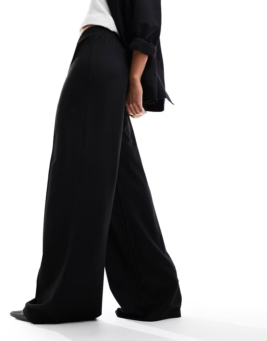 ASOS DESIGN pull on slub wide leg trouser in black | ASOS (Global)