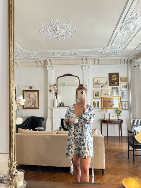 
Blue and white pajama set, blue and white robe, gold floor mirror 

#LTKstyletip #LTKfindsunder50 #LTKhome
