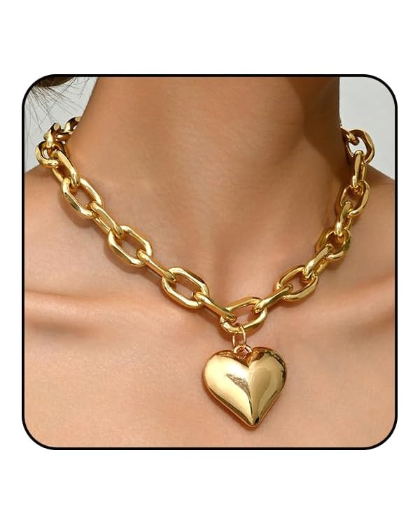 Chunky Heart Necklace for Women Gold Statement Heart Necklace Big Puffy Heart Pendant Choker Neck... | Amazon (CA)