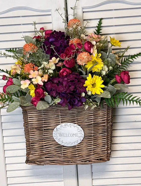 Wicker Welcome Basket for Front Door /spring Hydrangea Door | Etsy | Etsy (US)