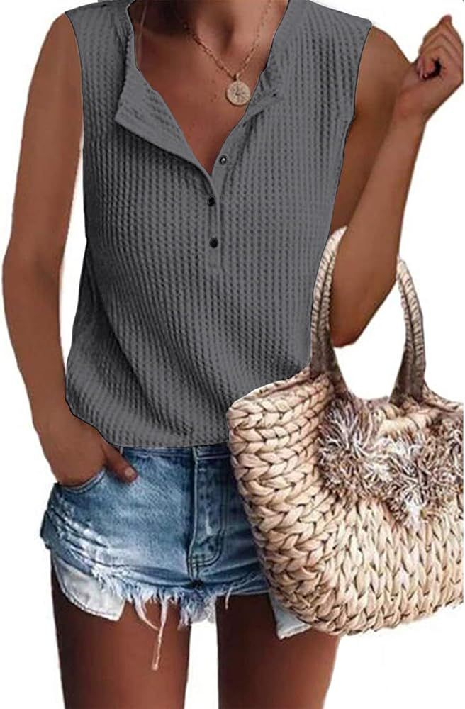 Amazon.com: Womens Waffle Knit Tunic Tank Casual Sleeveless V Neck Summer Tee Shirt White M : Clo... | Amazon (US)