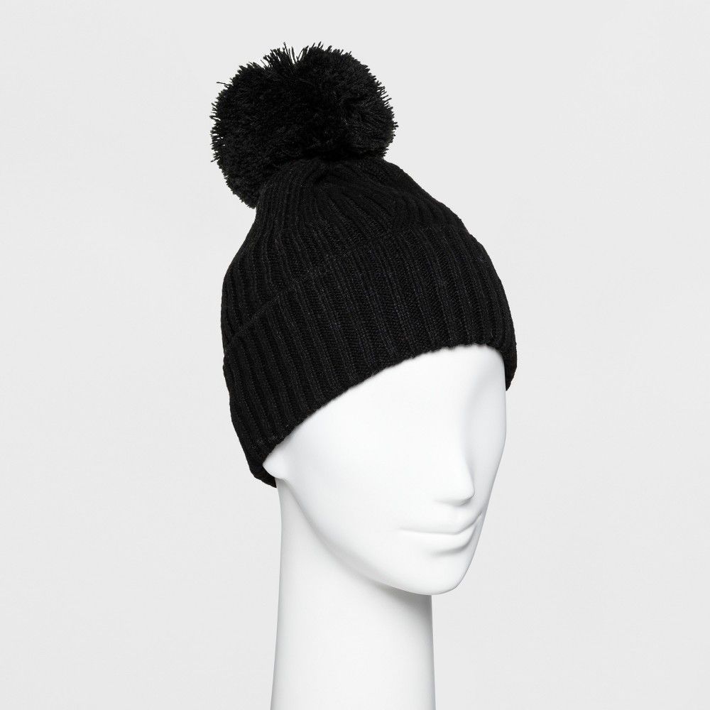 Women's Ribbed Cuff Pom Beanie - A New Day Black | Target