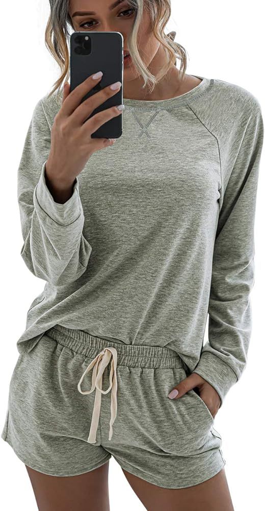 Saslax Women's Pajama Set Long Sleeve Tops and Shorts PJ Set Sleepwear Night Shirt Loungewear wit... | Amazon (US)