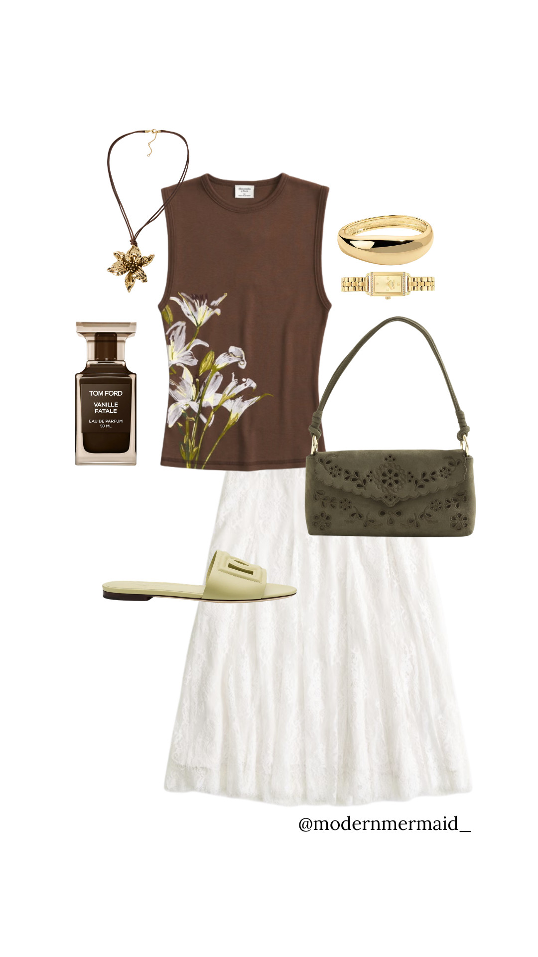 Earthy tones, delicate details, and effortless elegance. This Abercrombie floral tank paired with a romantic lace midi skirt creates the perfect blend of feminine and elevated. The sage accessories add a soft touch of color while gold accents keep everything feeling polished and timeless.

Finished with a hint of vanilla fragrance and vintage-inspired details, this is the kind of outfit that turns an ordinary day into something special. ✨

LTK Style Tip: Pair rich chocolate brown with soft sage and ivory for a color combination that feels luxe, fresh, and expensive.

#LTKFashion #LTKStyle #AbercrombieStyle #FeminineFashion #LaceSkirt #BrownAndWhite #SummerOutfit #RomanticStyle #ElegantEveryday #OOTDInspo #NeutralStyle #SoftLuxury #BrunchOutfit #DateNightStyle #ClassicFashion 

 