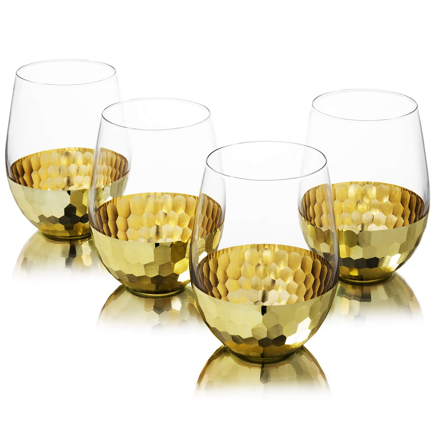 MyGift Modern Stemless Wine Glass Set of 4 with Hammered Brass Metal Bottoms | Amazon (US)