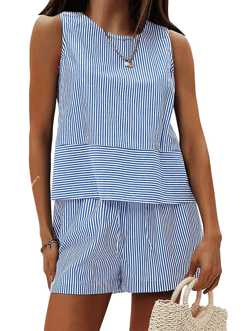 SOMER 2 Piece Set for Women Striped Casual Outfit Set with Sleeveless Tank Top and Shorts,2026 Bl... | Walmart (US)