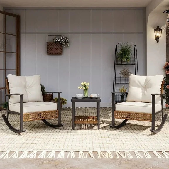 LAZZO 3 Pieces Patio Outdoor Conversation Set with Lumbar Pillows and  Coffee Table, PE Wicker Ro... | Walmart (US)