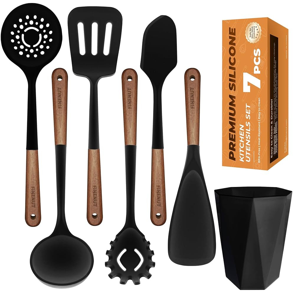 Silicone Cooking Utensils Set 7PCS - BPA-Free & Non-Toxic 446°F Heat Resistant, Walnut Wooden Ha... | Amazon (US)