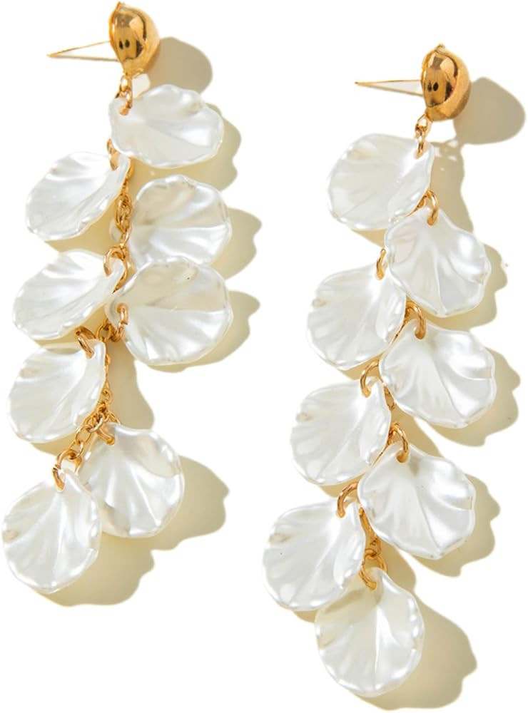 Boho White Acrylic Seashell Stud Earrings for Women, Statement Layered Long Tassel Shell Drop Dan... | Amazon (US)