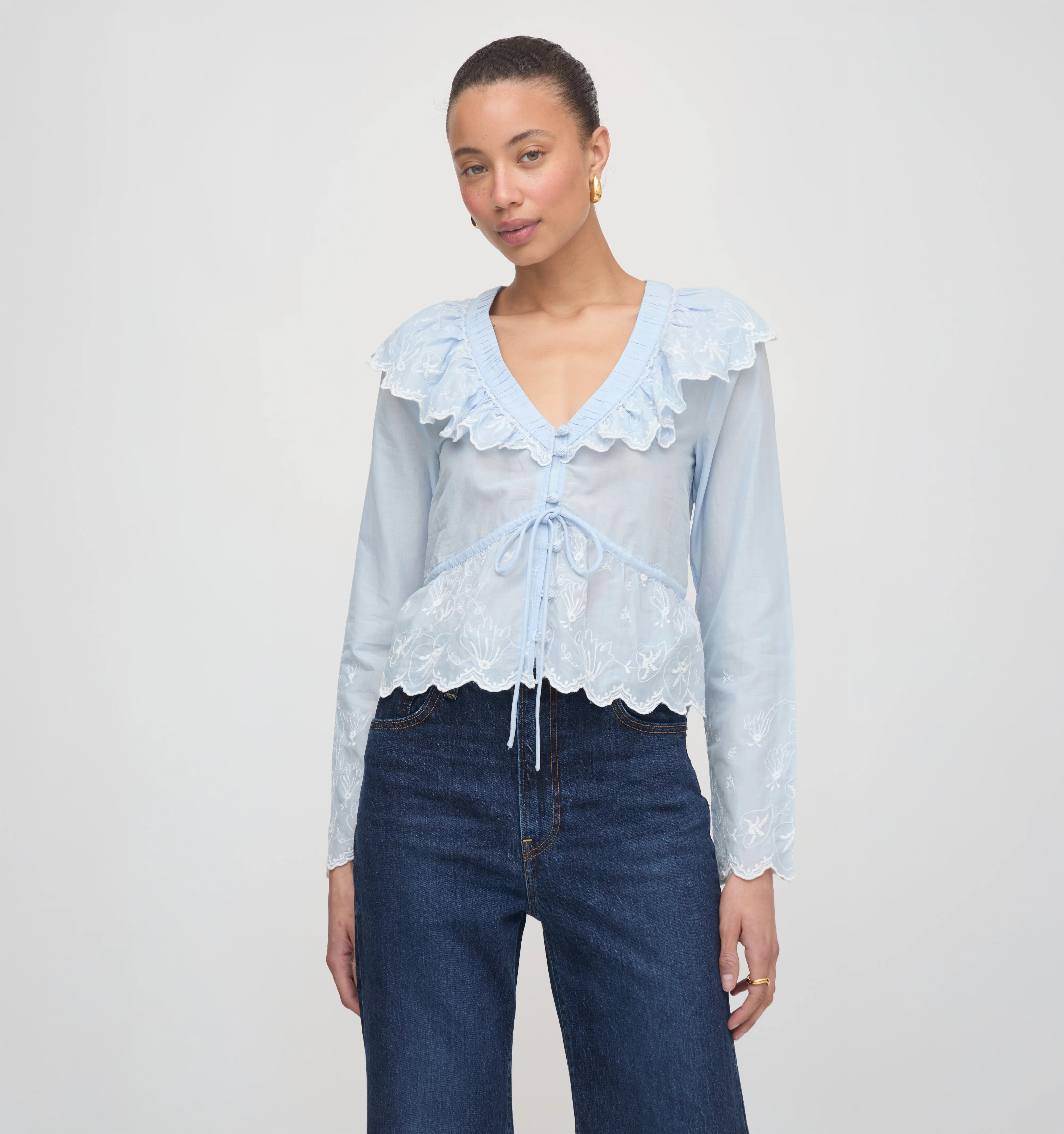 The Zoya Top - Powder Blue with White Embroidery | Hill House Home US