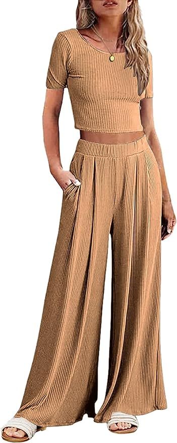 Ekouaer Women's 2 Piece Lounge Sets Short Sleeve Pajama Set Ribbed Knit Crop Top Wide Leg Pants L... | Amazon (US)