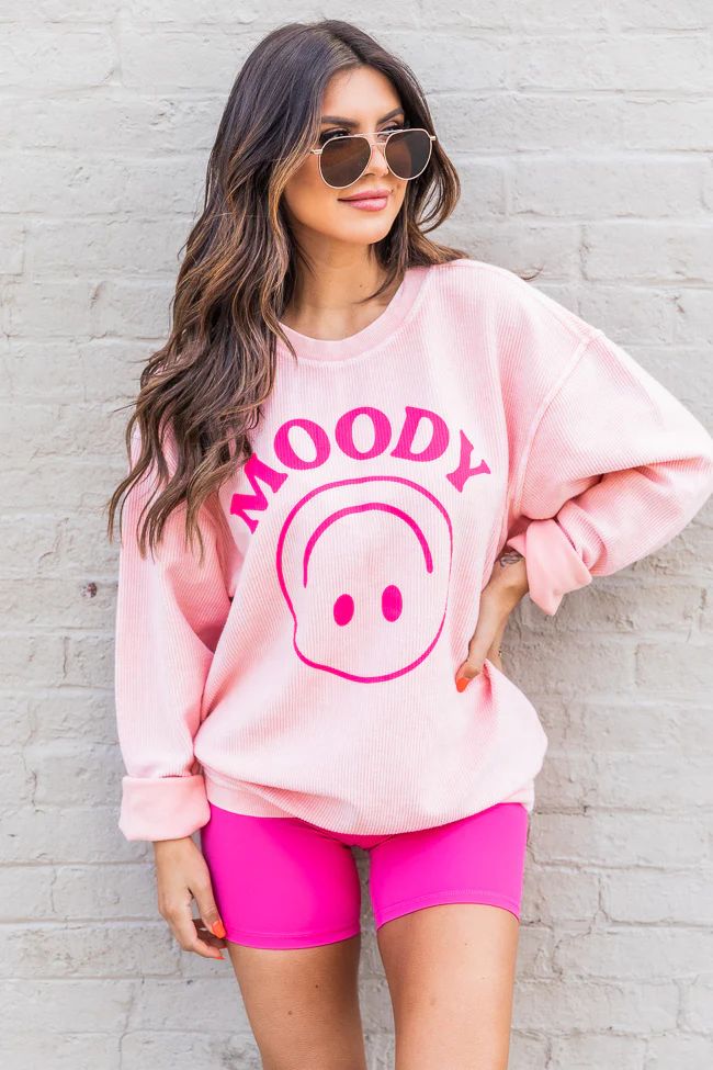 Moody Smiley Pink Corded Graphic Sweatshirt | Pink Lily