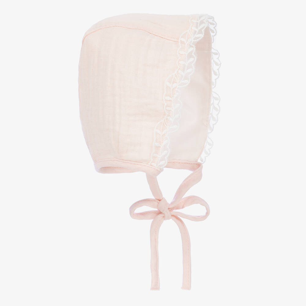 Baby Girls Pink Cotton Lace Trim Bonnet | Childrensalon