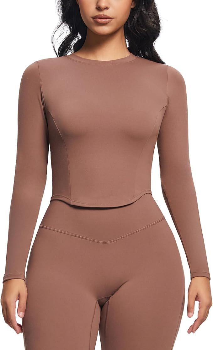 Aoxjox Long Sleeve T-Shirt for Women GEO Seamlines Padded Baby Tee Workout Crop Top | Amazon (US)