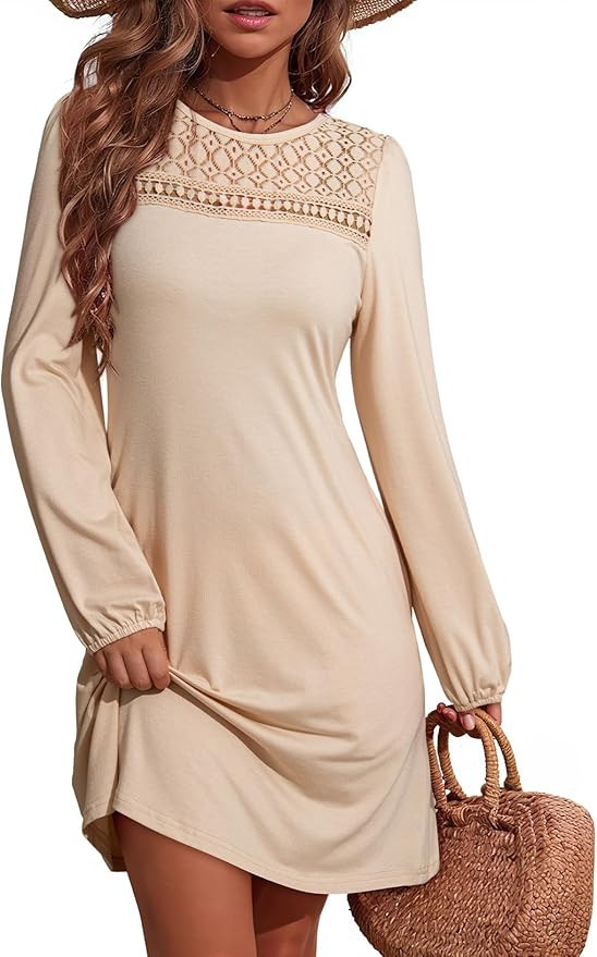 Dokotoo Fall Dresses for Women 2025 Crew Neck Long Sleeve A Line Shift Dress Solid Color Loose Fi... | Amazon (US)