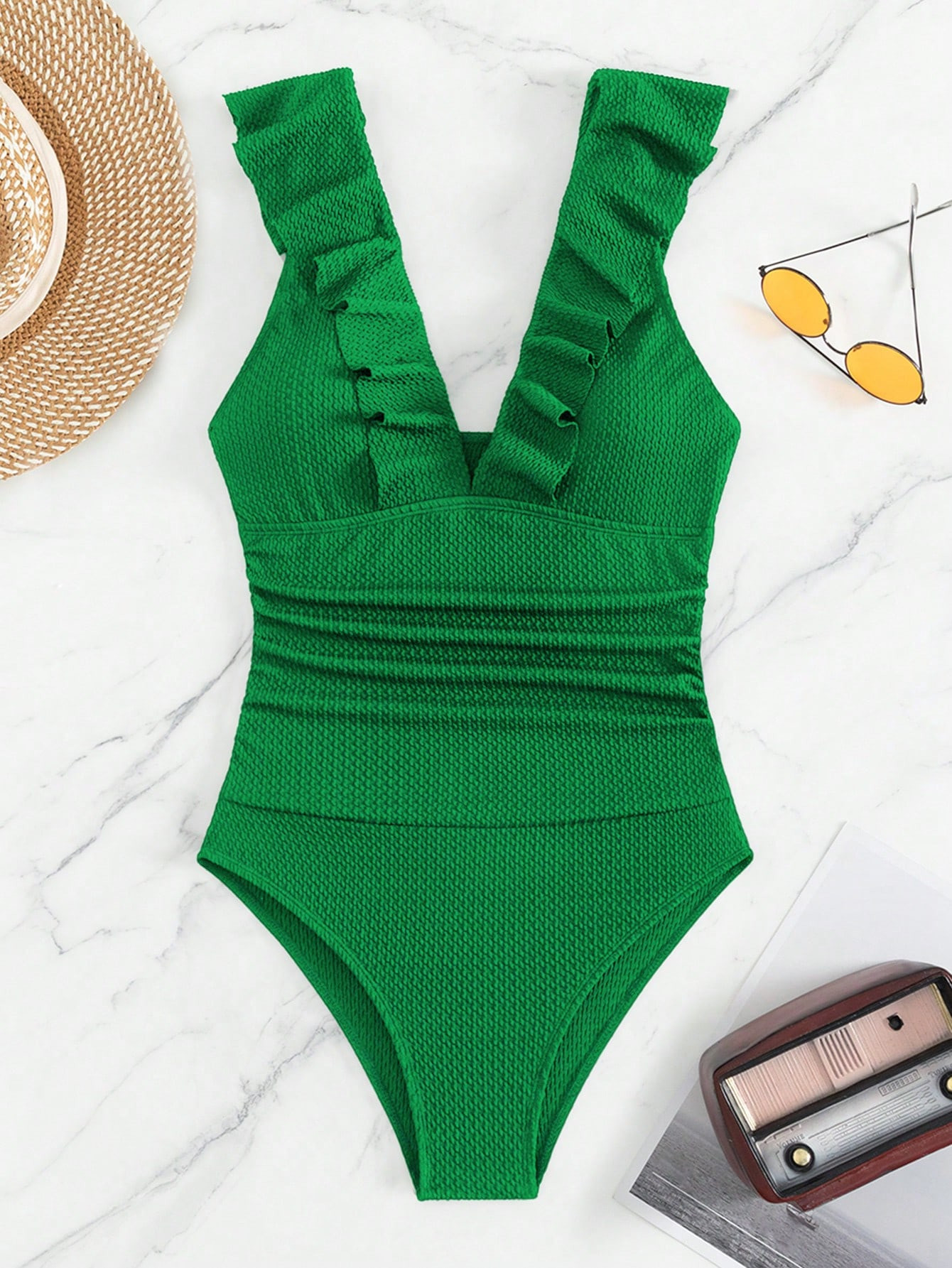 SHEIN Swim Chicsea Ruched Ruffle Trim Bustier One Piece Swimsuit4.86(44) | SHEIN