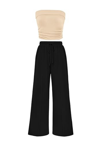 PRETTYGARDEN Womens Summer Outfits 2 Piece Sets Casual Ribbed Knit Crop Tube Top Wide Leg Pants Spring Matching Lounge Set(Apricot Black,Small) | Amazon (US)
