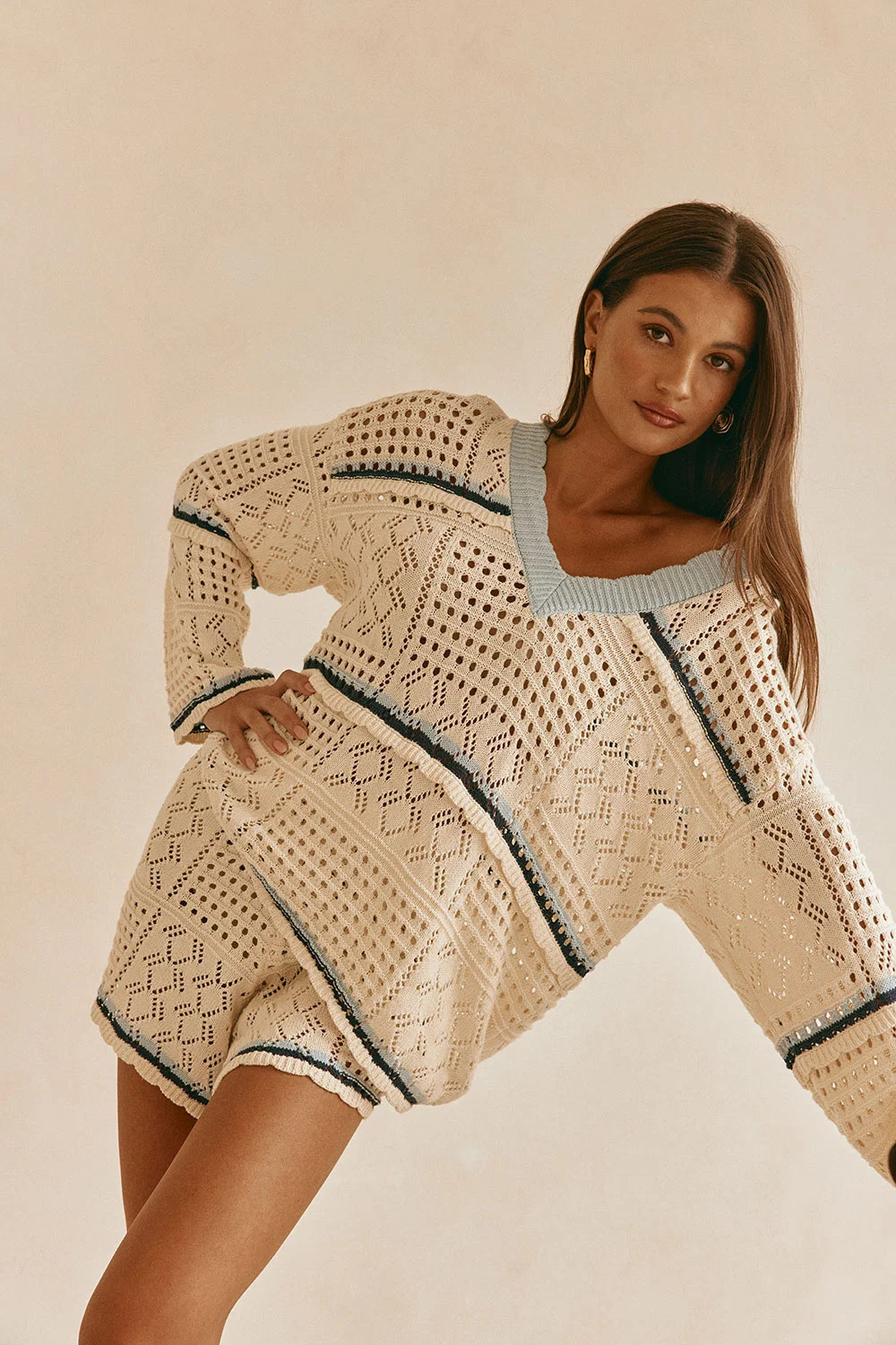 Cream Cotton Crochet Knit Long Sleeve Boxy Balia Top | Sabo Skirt US