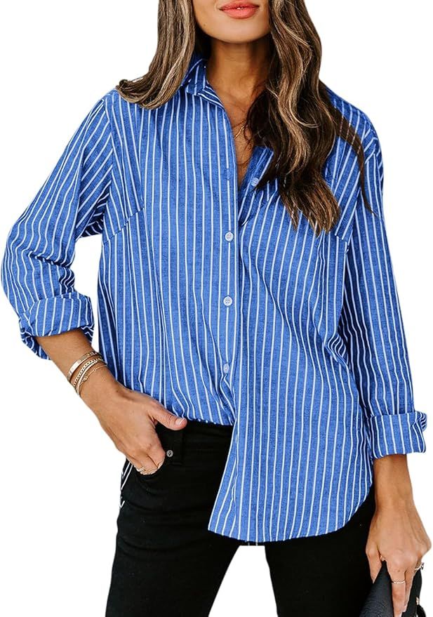 siliteelon Womens Button Down Shirts Cotton Striped Dress Shirt Long Sleeve Collared Office Work ... | Amazon (US)