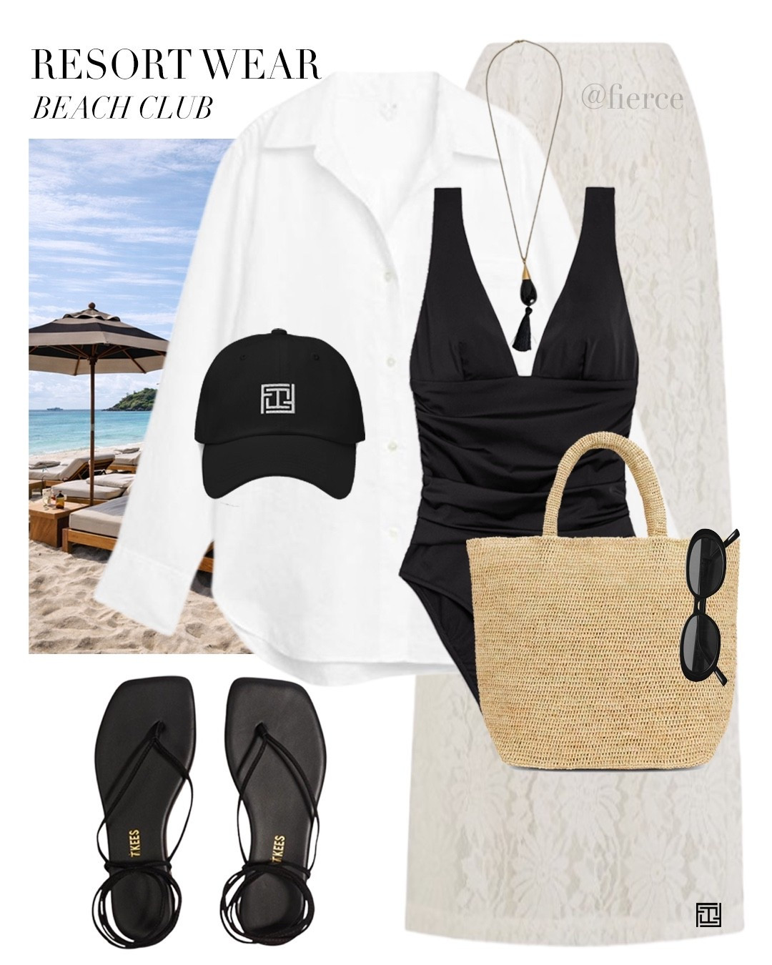Lace maxi skirt white linen shirt black once piece swimsuit raffia tote bag black tie up strappy sandals long necklace resort wear beach holiday vacation pool club

#LTKeurope #LTKswimwear #LTKuk