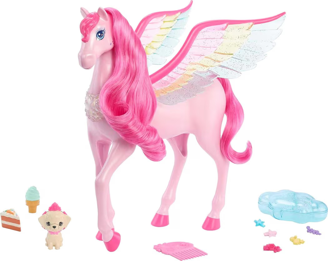 Barbie Doll Toys, Pegasus Pink Winged Horse Toy with 10 Accessories Including Puppy & Barrettes | Amazon (US)