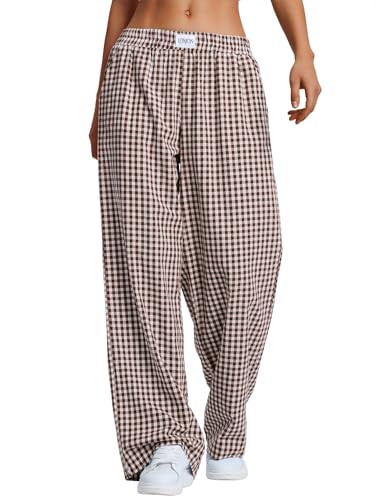 LOMON Women's Boxers Gingham Plaid Wide Leg Pants Cotton Pajama Lounge Pj Casual Trousers Y2K Flowy Bottoms with Pockets (Coffee White Plaid, M) | Amazon (US)