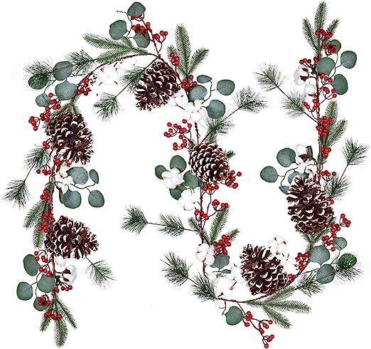 DearHouse 6Ft Berry Christmas Garland with Pinecones Berries Spruce Eucalyptus Leaves Cotton Ball... | Amazon (US)