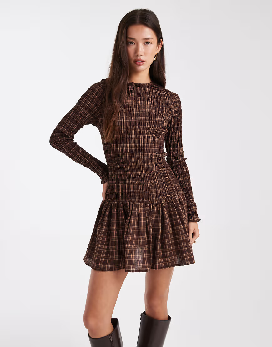 Daisy Street dropped waist shirred mini dress in brown plaid | ASOS (Global)