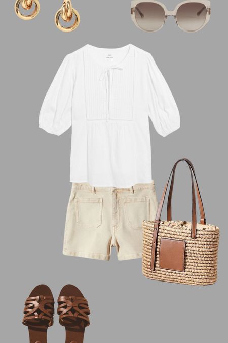 Beige denim shirts with pockets, a gorgeous cotton top with ties, a Loewe dupe basket bag, tan Loewe dupe sandals, retro sunglasses and simple gold hoop earrings