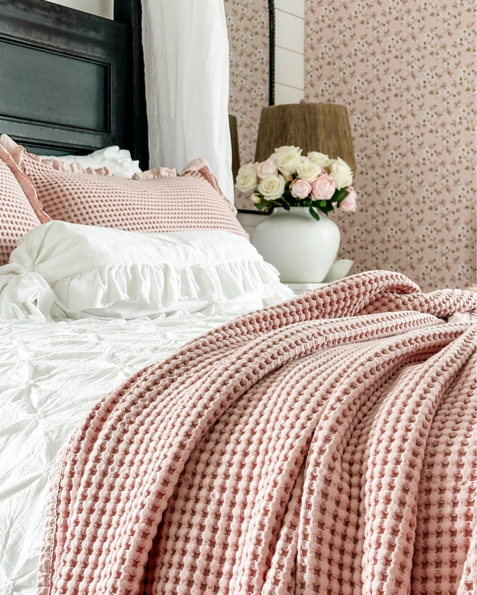 Waffle weave pink blanket with ruffles
Pink bedroom 
Pink and white bedroom ideas 
Quilt 


#LTKActive #LTKHome #LTKmorningroutine