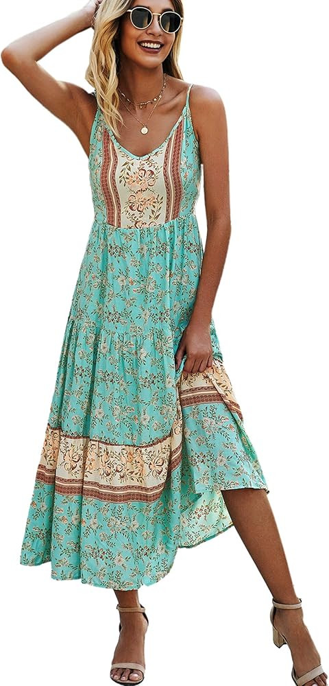 Angashion Women's Dresses Floral Adjustable Spaghetti Strap V Neck Boho Long Maxi Dress Summer Be... | Amazon (US)