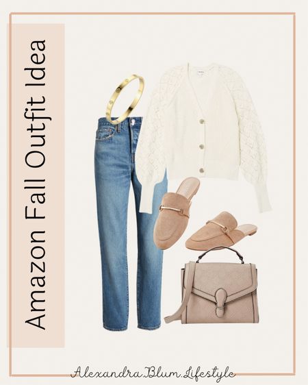 Amazon Fall outfit ideas!! Amazon fashion finds! Cute casual fall outfits! White button up cardigan, straight leg jeans, beige handbag purse, mules, gold bangle!! 

#LTKstyletip #LTKitbag #LTKshoecrush