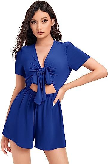 SweatyRocks Women's Sexy V Neck Self Tie Front Short Romper Jumpsuit Playsuit | Amazon (US)