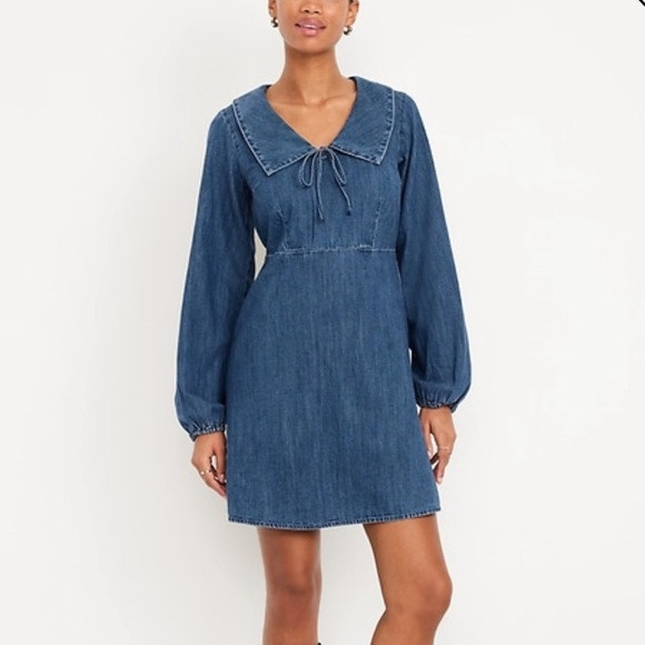 Old Navy Long-Sleeve Fit & Flare Collared Denim Jean Mini Dress S Petite | Poshmark