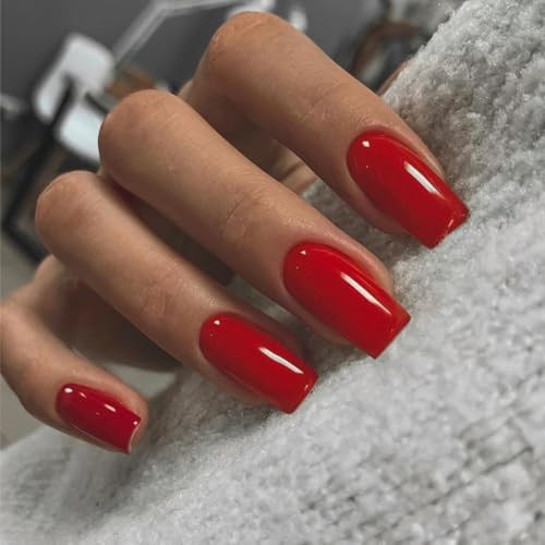 Red Nails Press ons, Press on Nails Medium Square Glue on Nails Short Acrylic Glue on Medium Coffin Nail Gel Fake Nail False for Women, Thick Solid Color 24Pcs | Amazon (US)