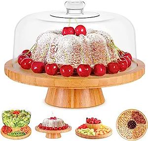 Bamboo Cake Stand with Dome Cover - Multifunctional Serving Platter, Salad Bowl, Punch Bowl, Vegg... | Amazon (US)