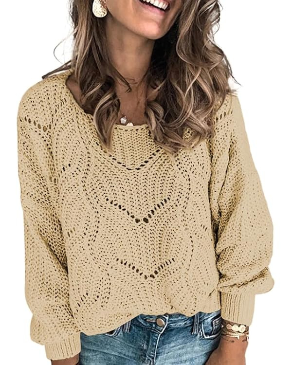 Dokotoo Womens 2023 Cute Elegant Soft Crewneck Long Sleeve Hollow Cable Knit Pullover Sweaters | Amazon (US)