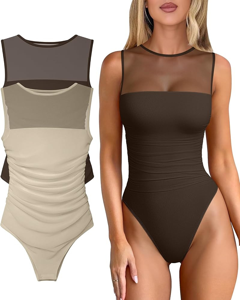 OQQ Women 2 Piece Bodysuit Mesh Ruched Sleeveless Turtle Neck Shapewear Body Suits One Piece Leot... | Amazon (US)
