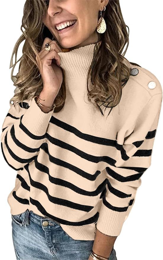 KIRUNDO Women's 2024 Fall Winter Long Sleeve Knit Sweater Turtleneck Striped Loose Pullover Tops ... | Amazon (US)