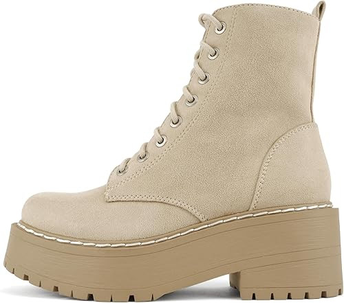 Soda FLING Women Chunky Lug Sole Lace up Fashion Combat Ankle Boot w/Side Zipper | Amazon (US)