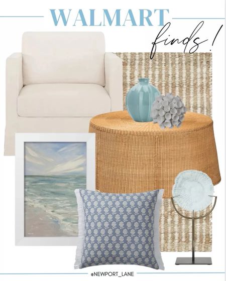 Walmart coastal decor finds! Featuring Coastal decor, neutral swivel chair, upholstered chair, jute rug, neutral rug, scalloped coffee table, rattan coffee table, and throw pillow (5/20)

#LTKhome #LTKstyletip