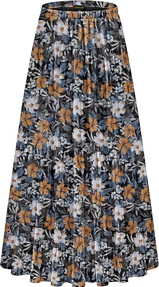 NASHALYLY Women's Chiffon Elastic High Waist Pleated A-Line Flared Maxi Skirts | Amazon (US)