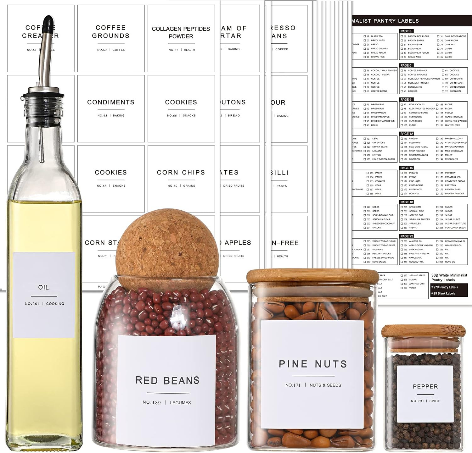 308 Kitchen Pantry Labels for Food Containers, 3 Sizes White Minimalist Organizing, Jars, Storage Bins, Preprinted Waterproof Containers | Amazon (US)